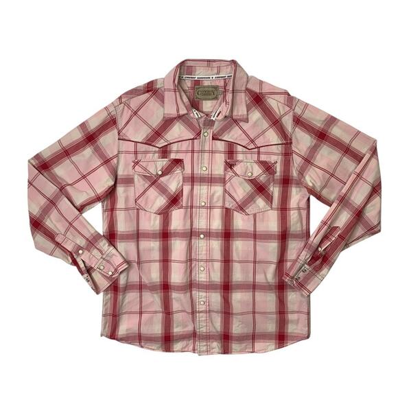 Cowboy Hardware Shirt Mens L Cotton Pearl Snap Buttons Plaid Long Sleeve Western - Picture 1 of 9
